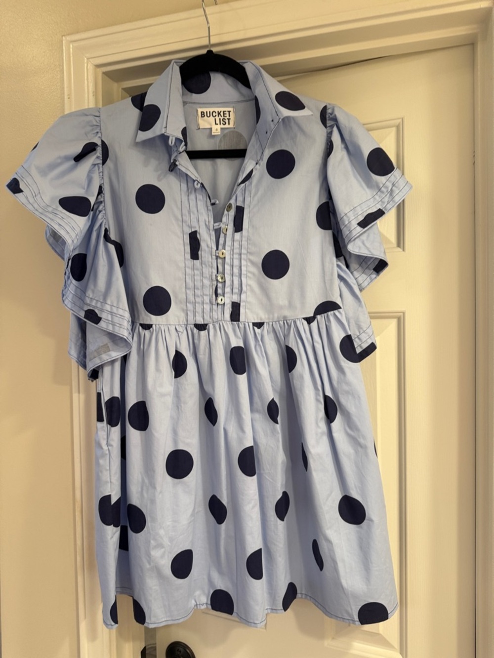 BUCKETLIST Light Blue Dress with Navy Polka Dots